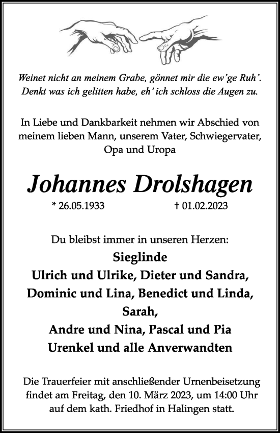 Traueranzeige von Johannes Drolshagen von WVW Anzeigenblätter