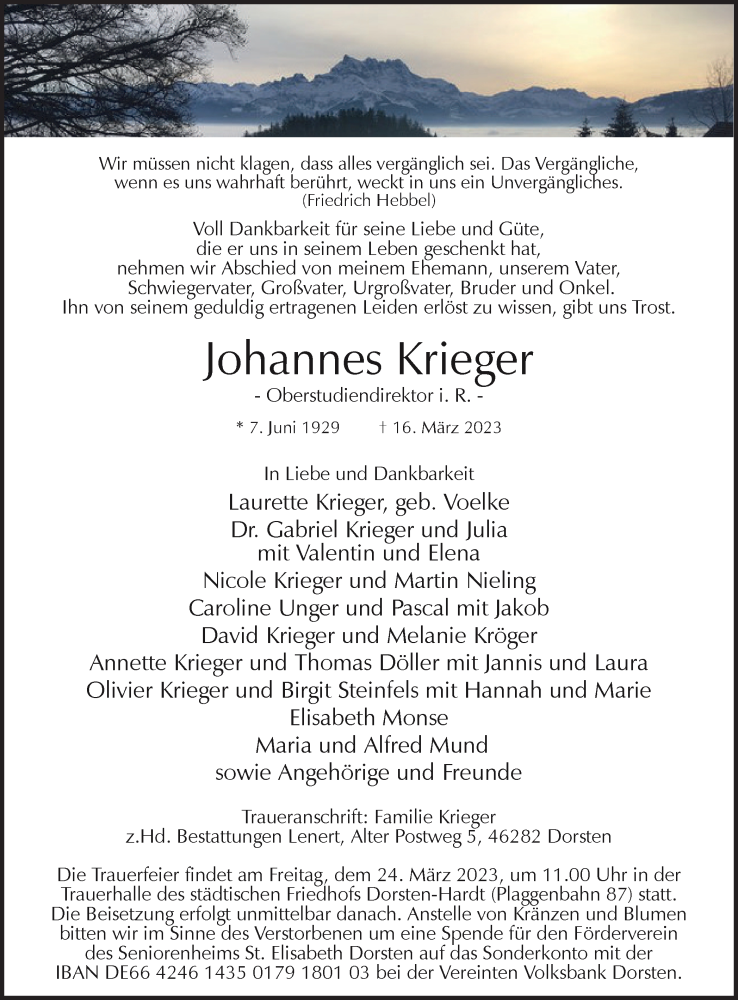  Traueranzeige für Johannes Krieger vom 18.03.2023 aus Tageszeitung