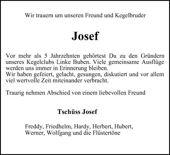 Traueranzeige von Josef  von Tageszeitung