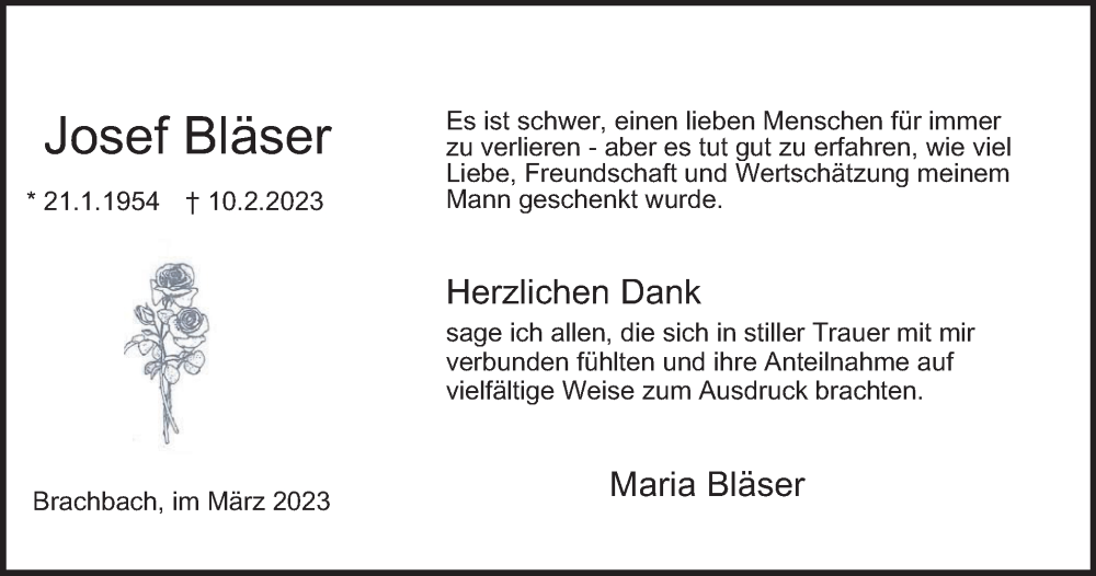  Traueranzeige für Josef Bläser vom 25.03.2023 aus Tageszeitung