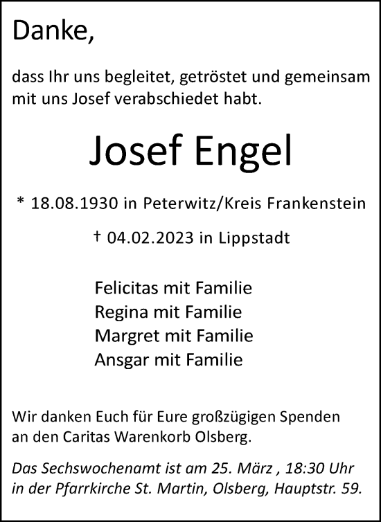 Traueranzeige von Josef Engel von Tageszeitung