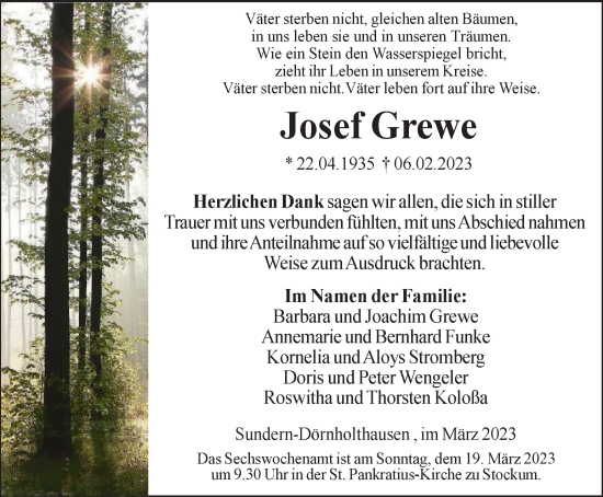 Traueranzeige von Josef Grewe von Tageszeitung
