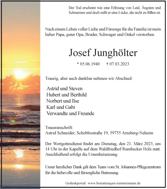 Traueranzeige von Josef Junghölter von Tageszeitung