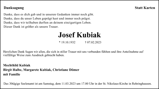 Traueranzeige von Josef Kubiak von Tageszeitung