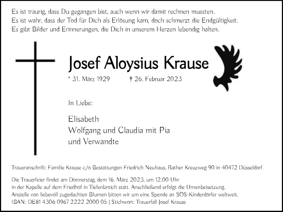 Traueranzeige von Josef Aloysius Krause von WVW Anzeigenblätter