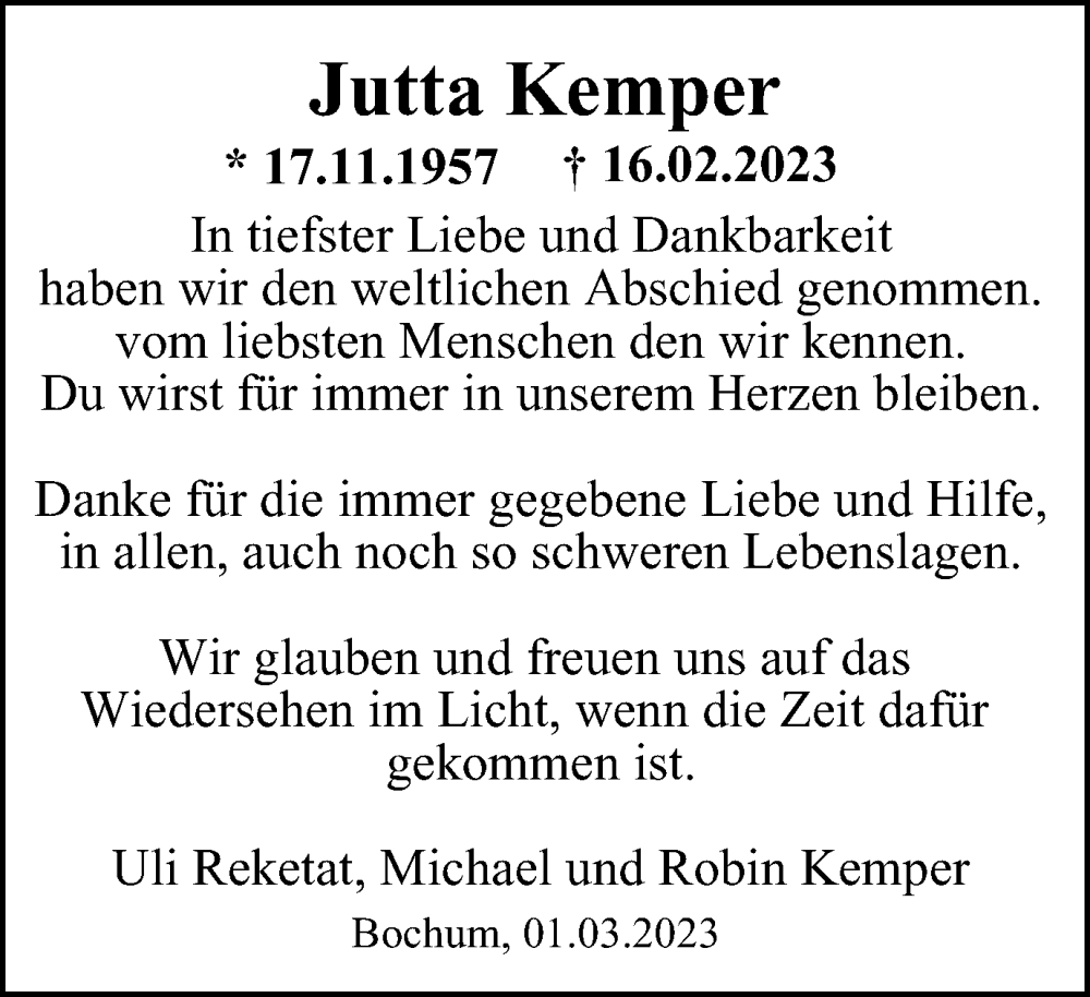  Traueranzeige für Jutta Kemper vom 04.03.2023 aus Tageszeitung