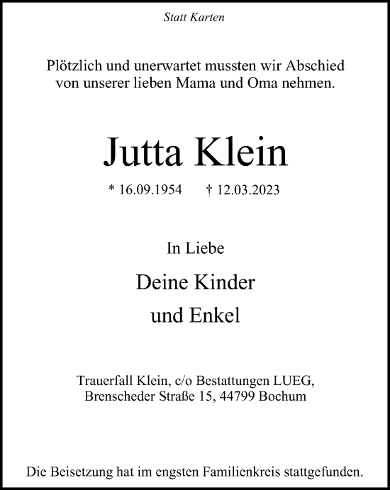 Traueranzeige von Jutta Klein von Tageszeitung