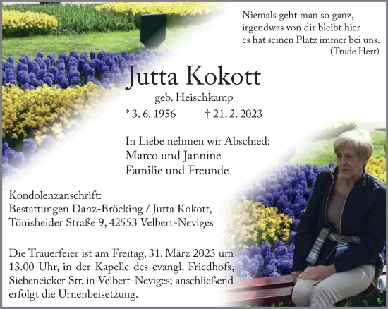 Traueranzeige von Jutta Kokott von WVW Anzeigenblätter