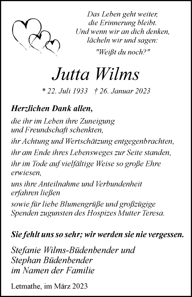  Traueranzeige für Jutta Wilms vom 18.03.2023 aus Tageszeitung