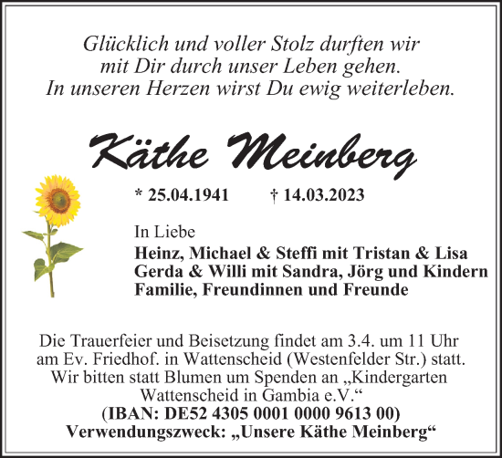 Traueranzeige von Käthe Meinberg von Tageszeitung