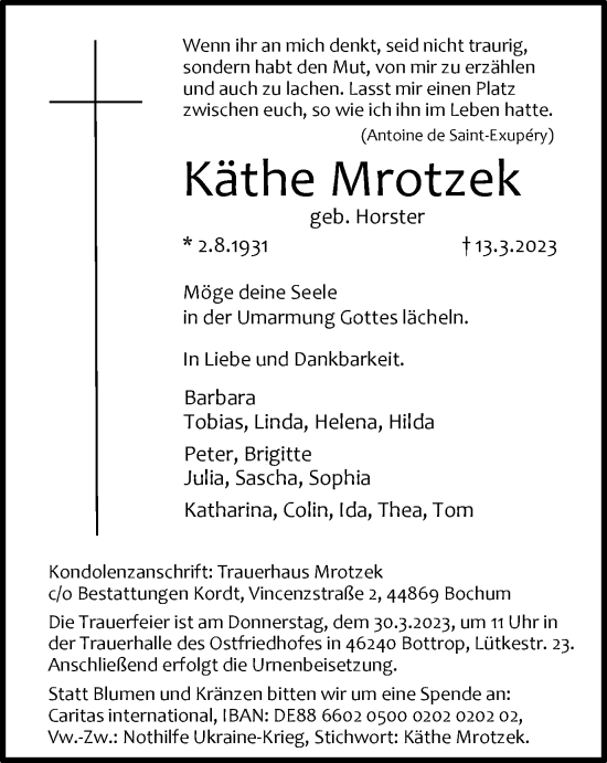 Traueranzeige von Käthe Mrotzek von WVW Anzeigenblätter