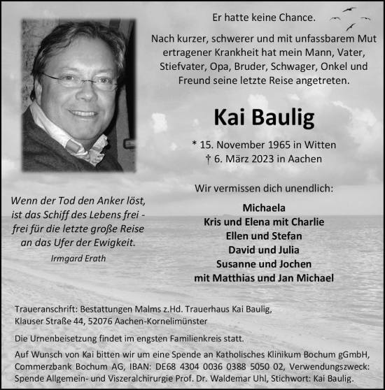 Traueranzeige von Kai Baulig von Tageszeitung