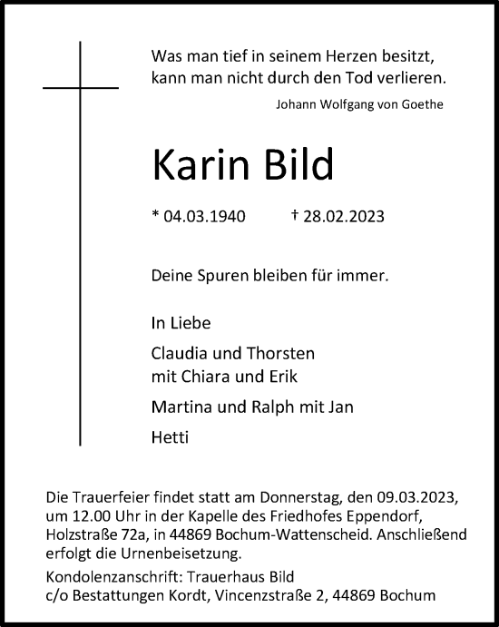 Traueranzeige von Karin Bild von Tageszeitung