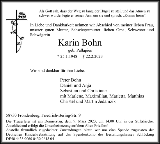 Traueranzeige von Karin Bohn von WVW Anzeigenblätter