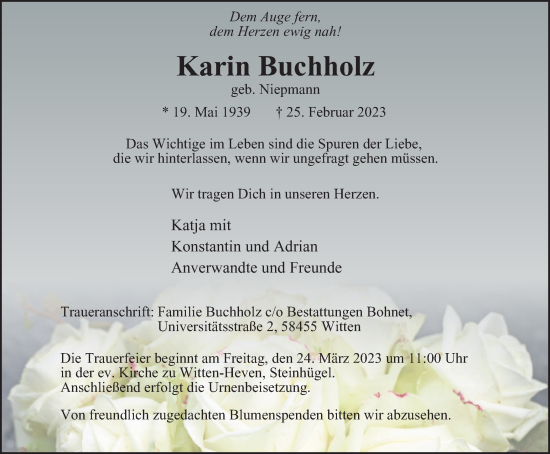 Traueranzeige von Karin Buchholz von Tageszeitung