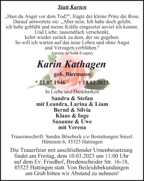 Traueranzeige von Karin Kathagen von WVW Anzeigenblätter