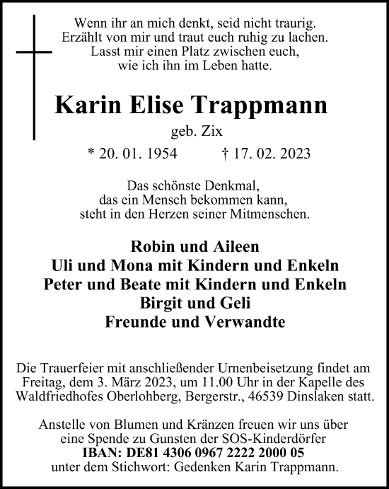 Traueranzeige von Karin Elise Trappmann von Tageszeitung