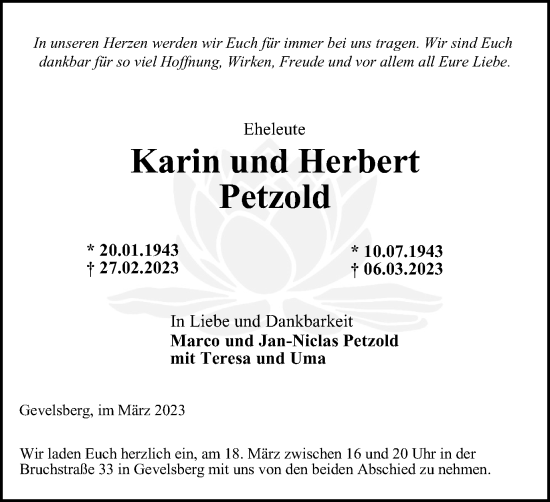 Traueranzeige von Karin und Herbert Petzold von Tageszeitung