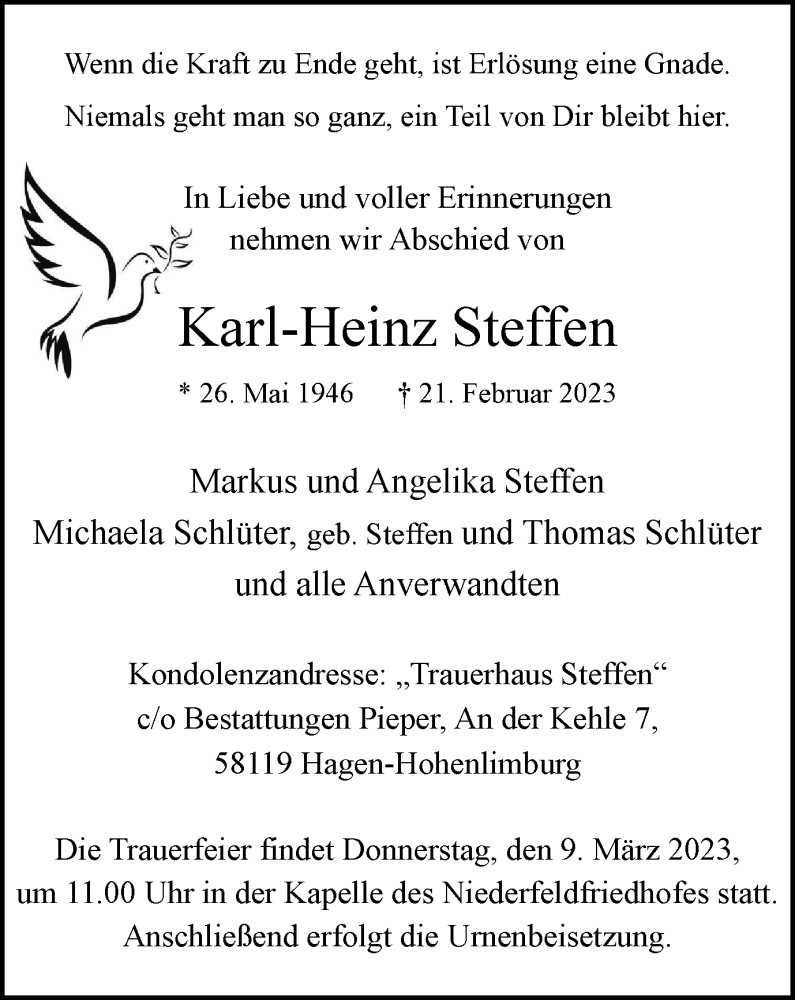  Traueranzeige für Karl-Heinz Steffen vom 04.03.2023 aus Tageszeitung