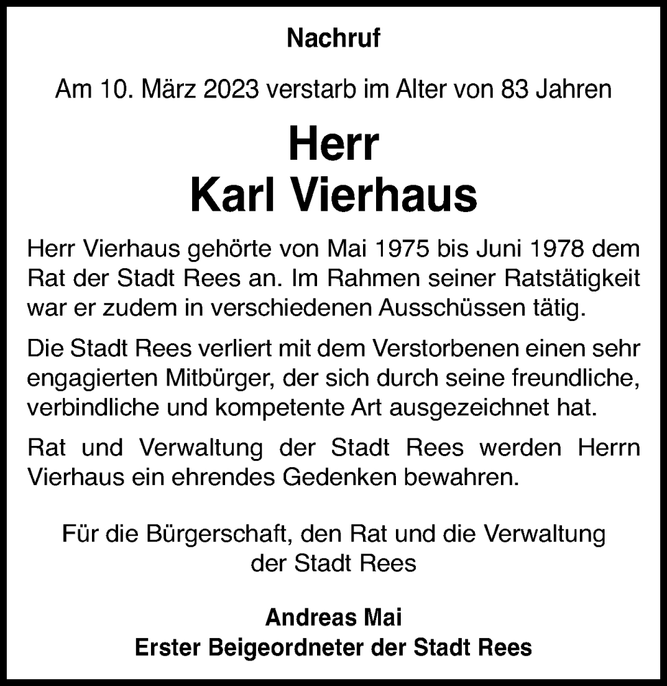  Traueranzeige für Karl Vierhaus vom 18.03.2023 aus Tageszeitung