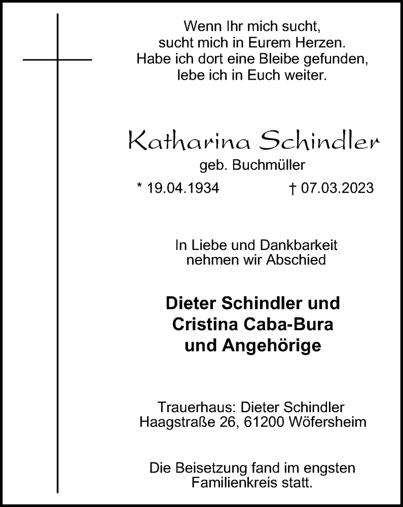  Traueranzeige für Katharina Schindler vom 18.03.2023 aus WVW Anzeigenblätter