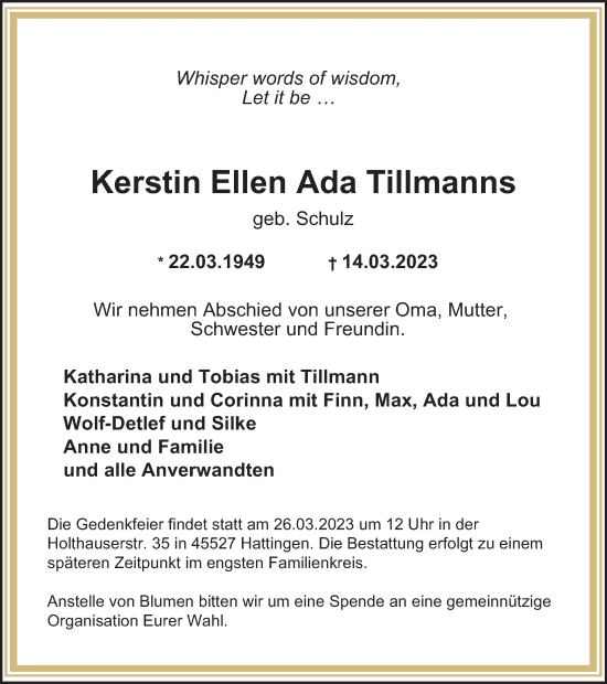 Traueranzeige von Kerstin Ellen Ada Tillmanns von Tageszeitung