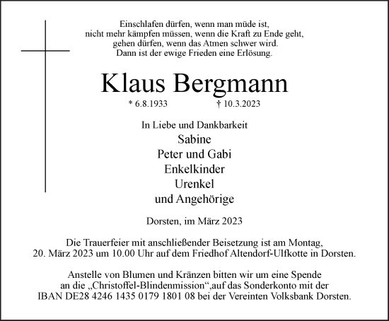 Traueranzeige von Klaus Bergmann von Tageszeitung