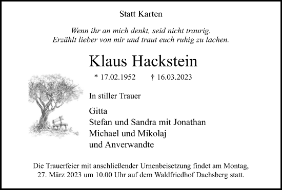 Traueranzeige von Klaus Hackstein von Tageszeitung