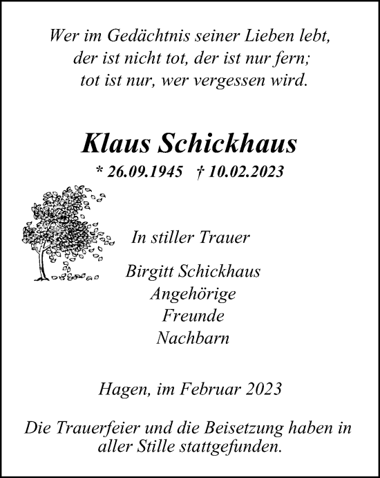 Traueranzeige von Klaus Schickhaus von Tageszeitung