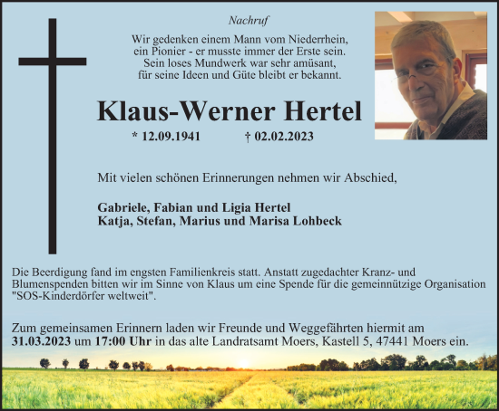 Traueranzeige von Klaus-Werner Hertel von Tageszeitung