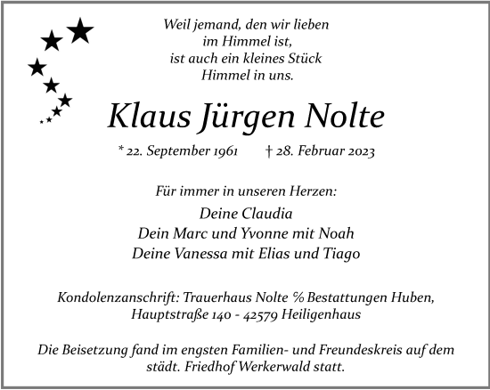Traueranzeige von Klaus Jürgen Nolte von WVW Anzeigenblätter