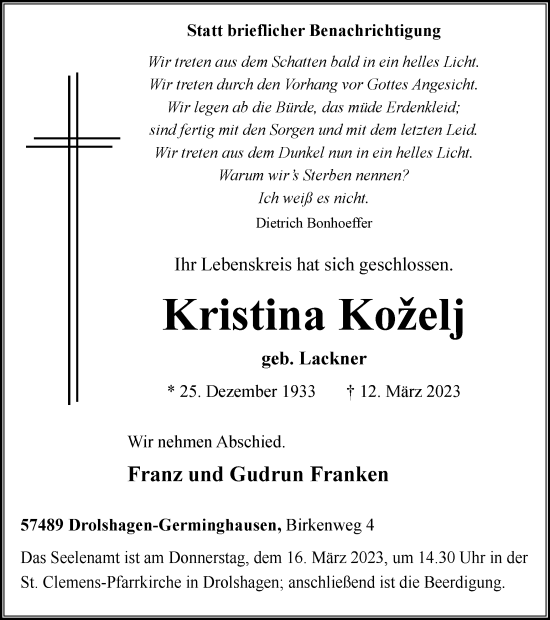 Traueranzeige von Kristina Kozelj von Tageszeitung