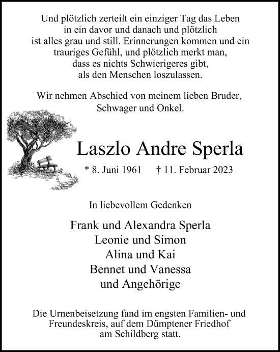 Traueranzeige von Laszlo Andre Sperla von WVW Anzeigenblätter