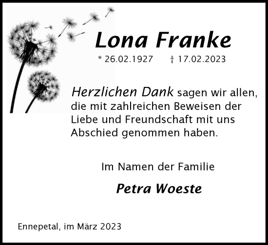 Traueranzeige von Lona Franke von Tageszeitung