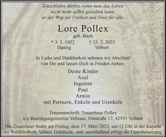 Traueranzeige von Lore Pollex von Tageszeitung