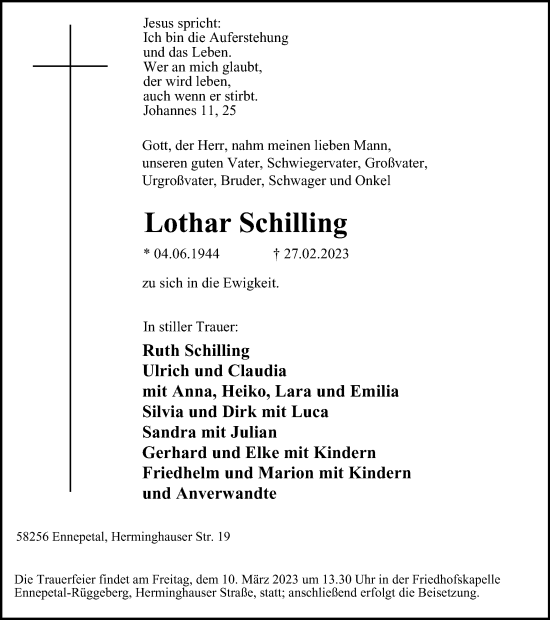 Traueranzeige von Lothar Schilling von Tageszeitung