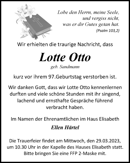 Traueranzeige von Lotte Otto von Tageszeitung