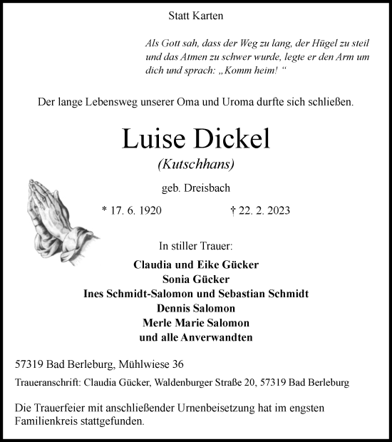 Traueranzeige von Luise Dickel von Tageszeitung