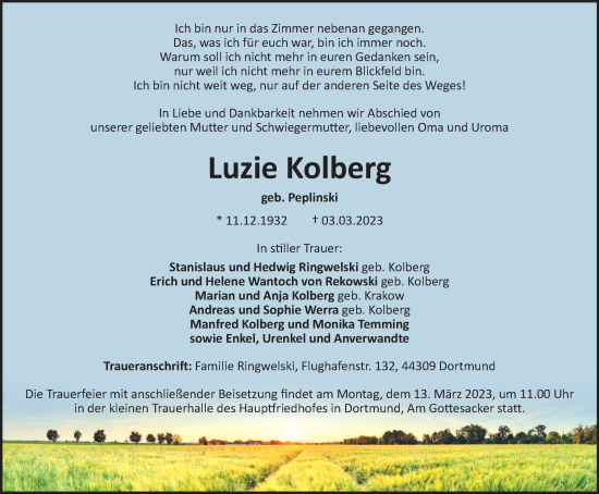 Traueranzeige von Luzie Kolberg von Tageszeitung