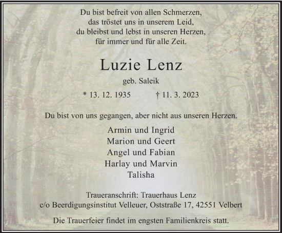Traueranzeige von Luzie Lenz von WVW Anzeigenblätter