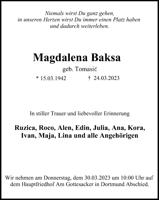 Traueranzeige von Magdalena Baksa von Tageszeitung