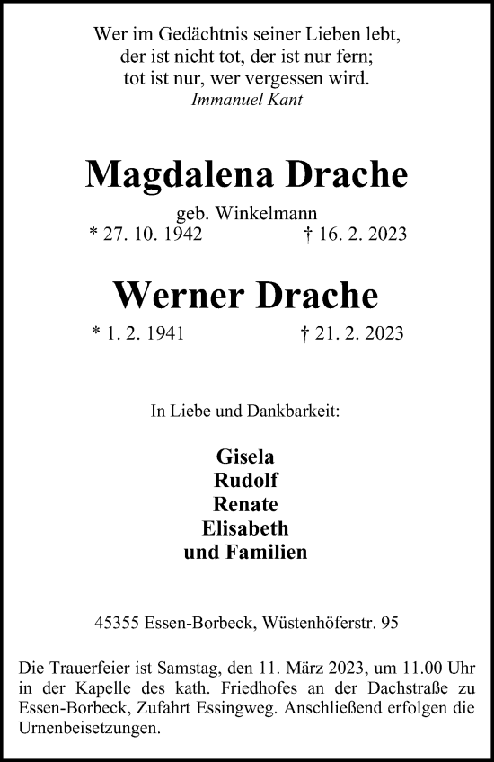 Traueranzeige von Magdalena und Werner Drache von WVW Anzeigenblätter
