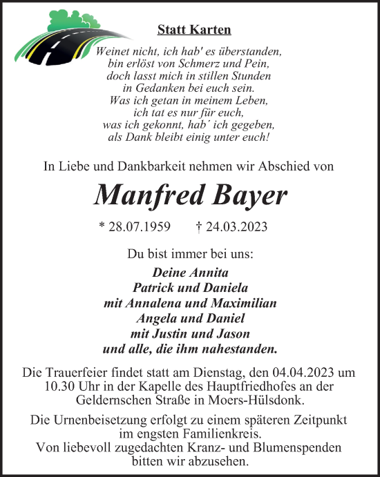 Traueranzeige von Manfred Bayer von Tageszeitung