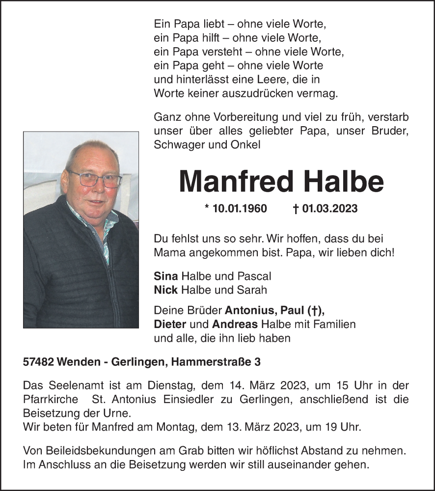  Traueranzeige für Manfred Halbe vom 09.03.2023 aus Tageszeitung