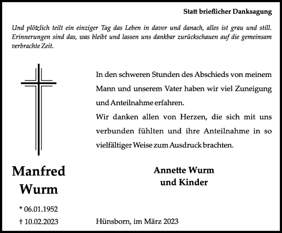 Traueranzeige von Manfred Wurm von Tageszeitung
