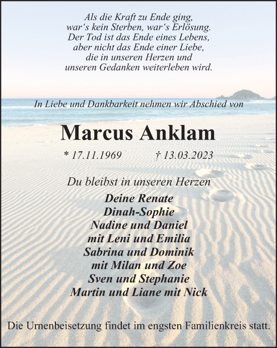 Traueranzeige von Marcus Anklam von Tageszeitung