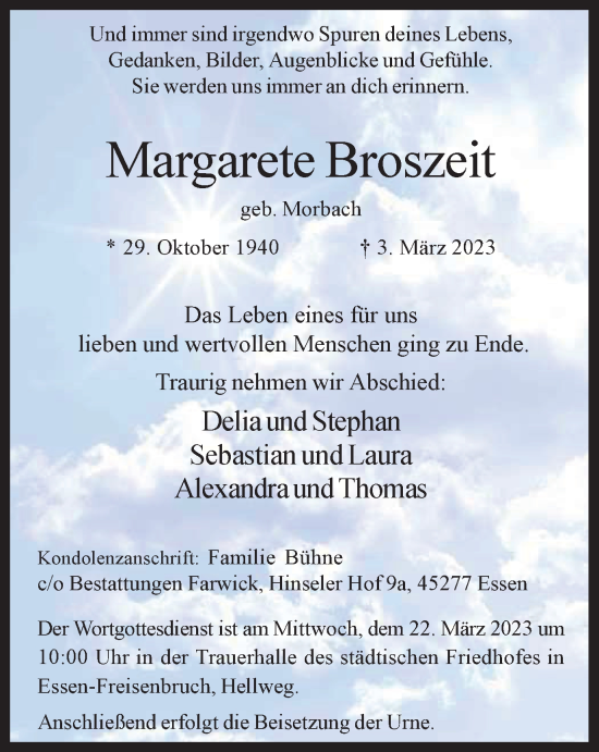 Traueranzeige von Margarete Broszeit von Tageszeitung