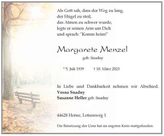 Traueranzeige von Margarete Menzel von Tageszeitung