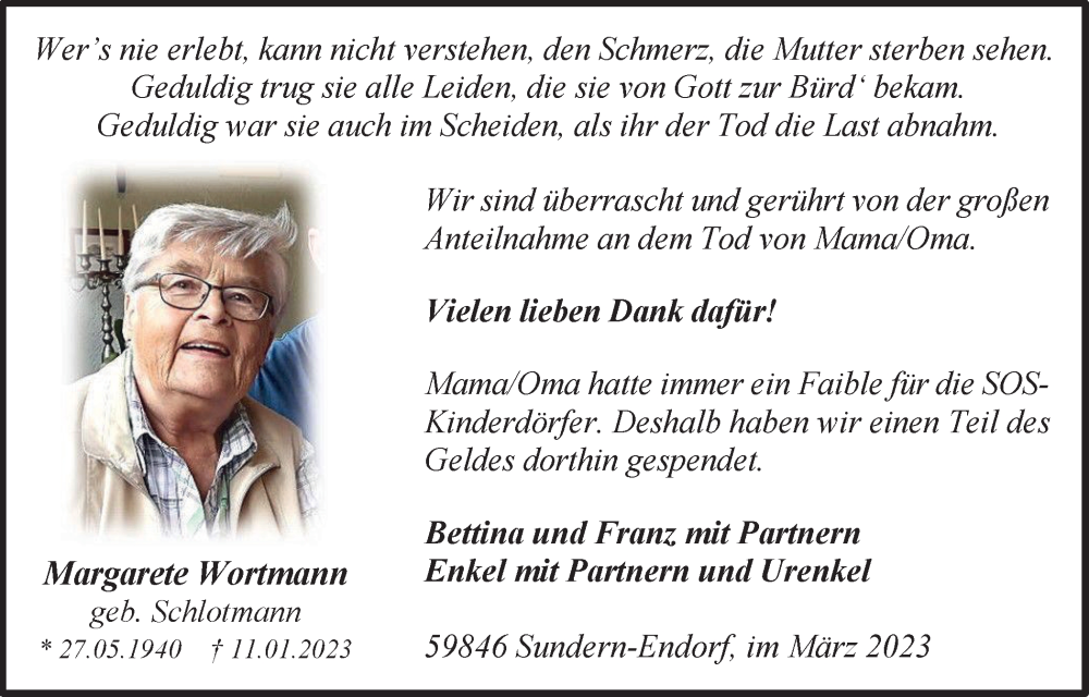 Traueranzeige für Margarete Wortmann vom 18.03.2023 aus Tageszeitung