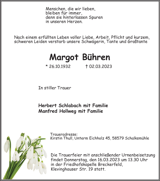 Traueranzeige von Margot Bühren von Tageszeitung